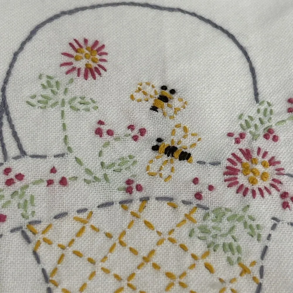 Set of 2 Hand Embroidered Cream Dish Tea Towels Floral Basket Bees